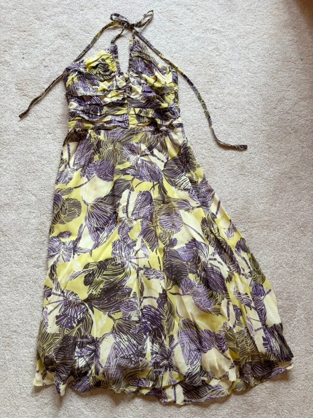Lithe by Anthropologie Silk-Feel Floral Halter Dress | Size 2 | Yellow & Purple